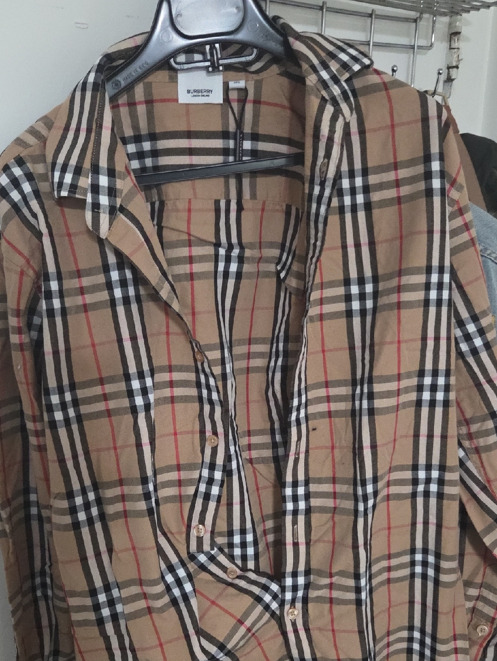 Burberry Tan Black White Red Nova Check Button-Down Shirt